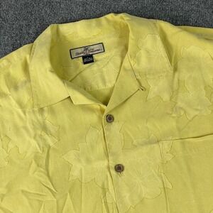 Tommy Bahama Shirt Large Yellow Silk Jacquard Floral Button Up Short Sleeve Mens